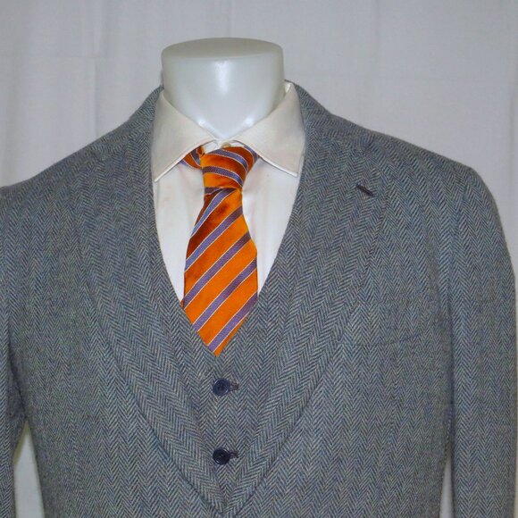 Orazio Luciano Bespoke Pale Bluish Gray Herringbone Tweed Three Piece Suit 42 - Picture 5 of 16